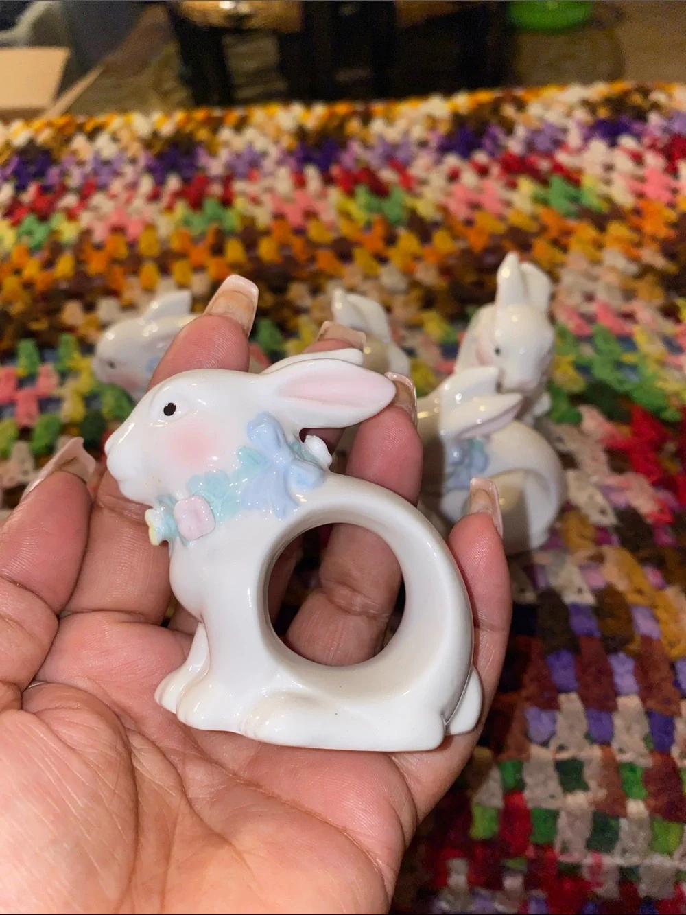 Vintage White Ceramic Bunny Napkin Holders with Blue Bows- Set of 6
